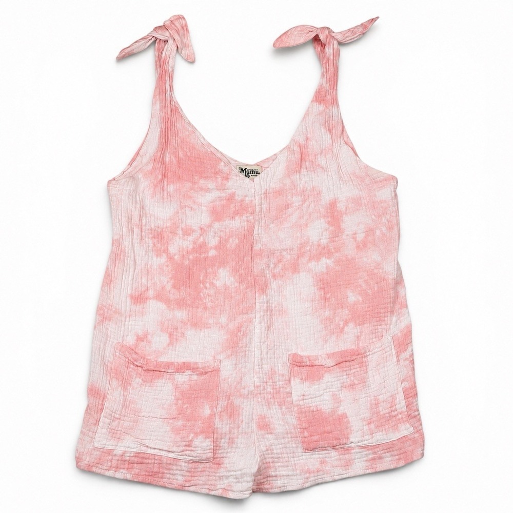 Show Me Your Mumu Tilda Tie Shoulder Romper Pink Tie Dye Crinkle Cotton M